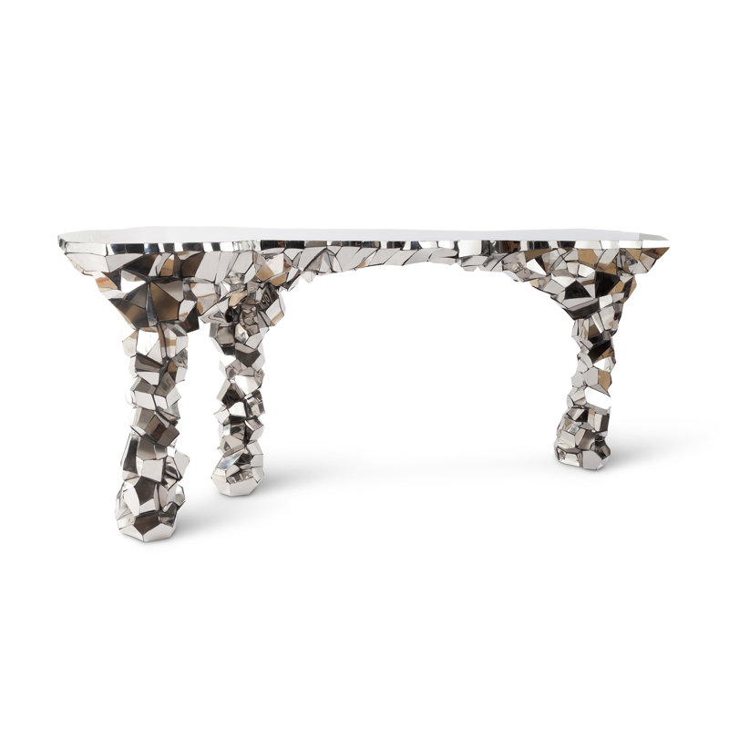 Silver Glass and Metal Rectangular Console Table with Storage
