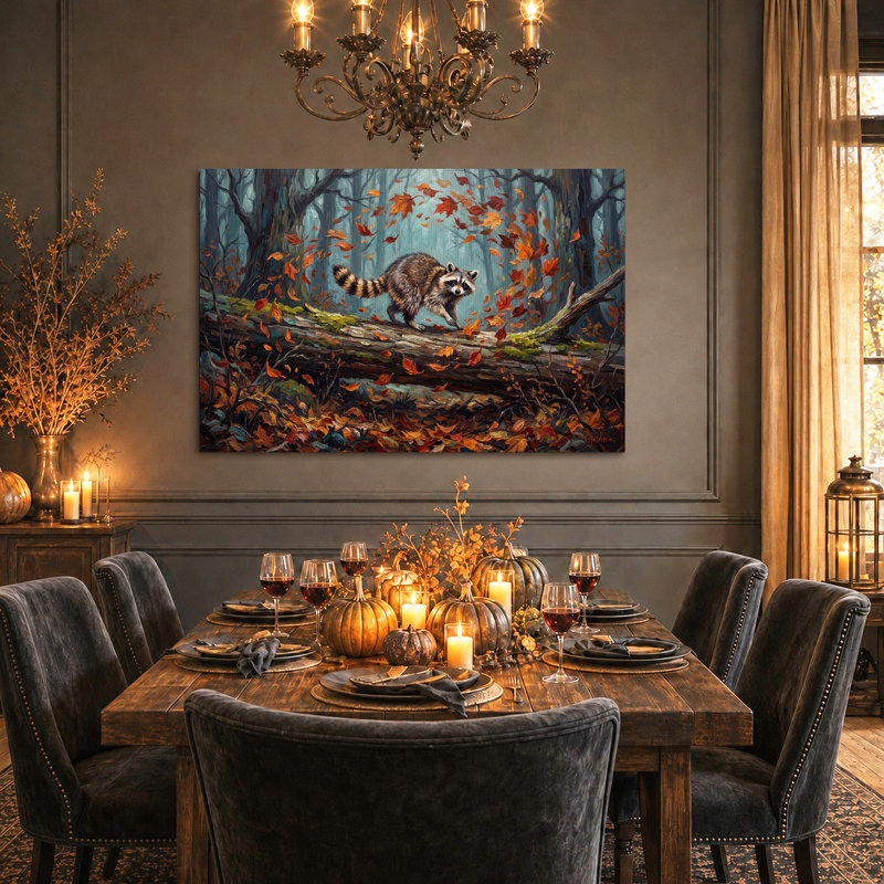 Raton laveur marchant sur un tronc d'arbre tombé dans une forêt d'automne - Toile murale d'Halloween, 16"H x 24"W