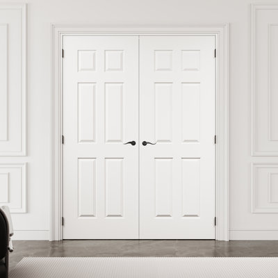 64" x 80" 6-Panel Molded Solid Interior French Door with Black Hardware & Latch & Door Lever, Solid Core Door Slab, Paintable & Waterproof, Suit for Laundry, Closet Doors, Room Doors, Assembly Required