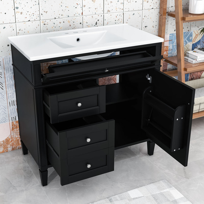 Ensemble de meuble-lavabo avec lavabo supérieur, tiroirs de rangement et tablette, Noir