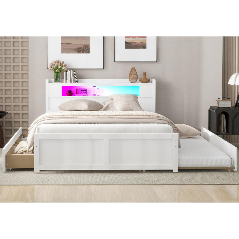 Grand lit plateforme en bois avec rangement à DEL, 2 tiroirs et 1 lit gigogne simple, Blanc