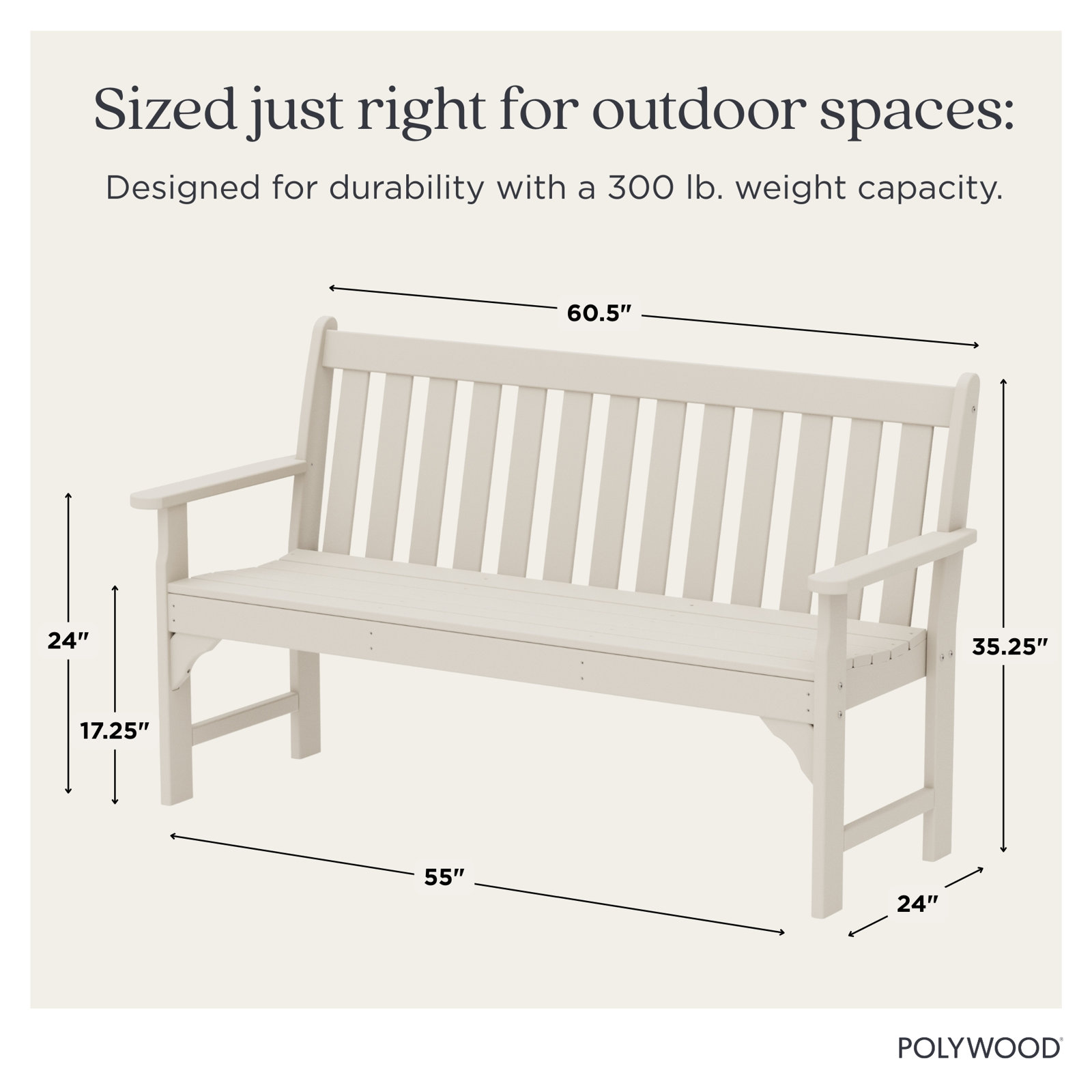 POLYWOOD® Vineyard 60" Garden Bench, 35.25" H x 60" W x 24" D, Sand