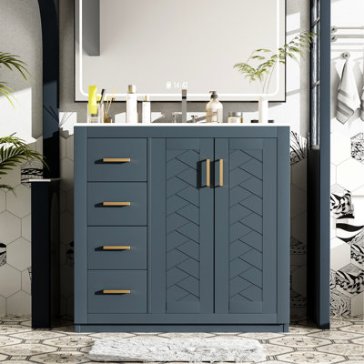 36'' Bathroom Vanity And Ceramic Sink, Solid Wood Frame For Stability, Boards, 3 Drawers, Soft - Closing Function, Ample Storage Space, Modern Look, Exquisite Metal Handle, Unique Groove Pattern,