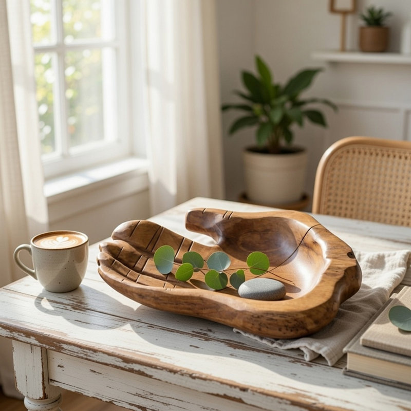 Bol décoratif décoratif, design à la main 13 pouces avec bois de teck brun