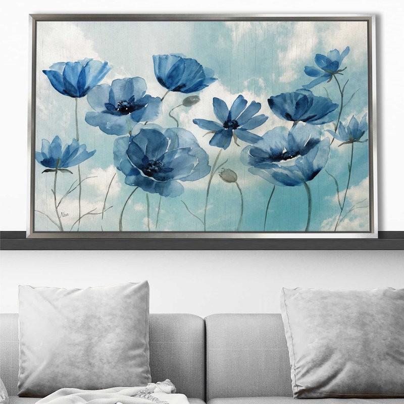 " Springing Up Blue " by Nan, Silver Floater Frame, 39.5" H x 63.5" W x 2" D