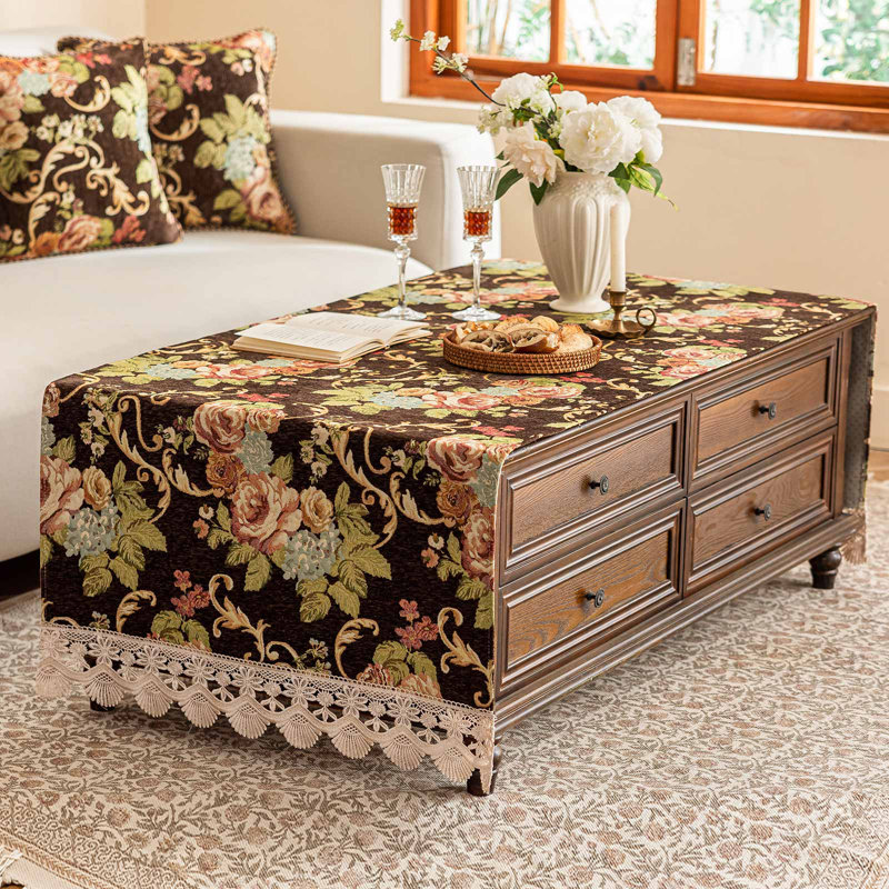 Nappe de table basse antidérapante en chenille à motif floral vintage avec bordure en dentelle, Fleury Glory Mocha Brown, 60,2 cm x 160 cm
