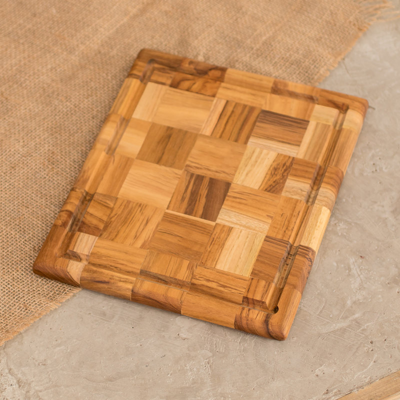 Rectangular Mosaic Teak Wood Cutting Board with Inlay Accents