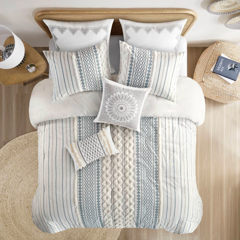 Ensemble d'édredon en coton avec chenille blanc / bleu marine, Édredon double / double
