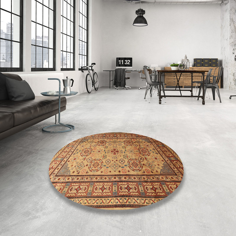 Tapis traditionnel jaune / rouge, Rond 3 pi