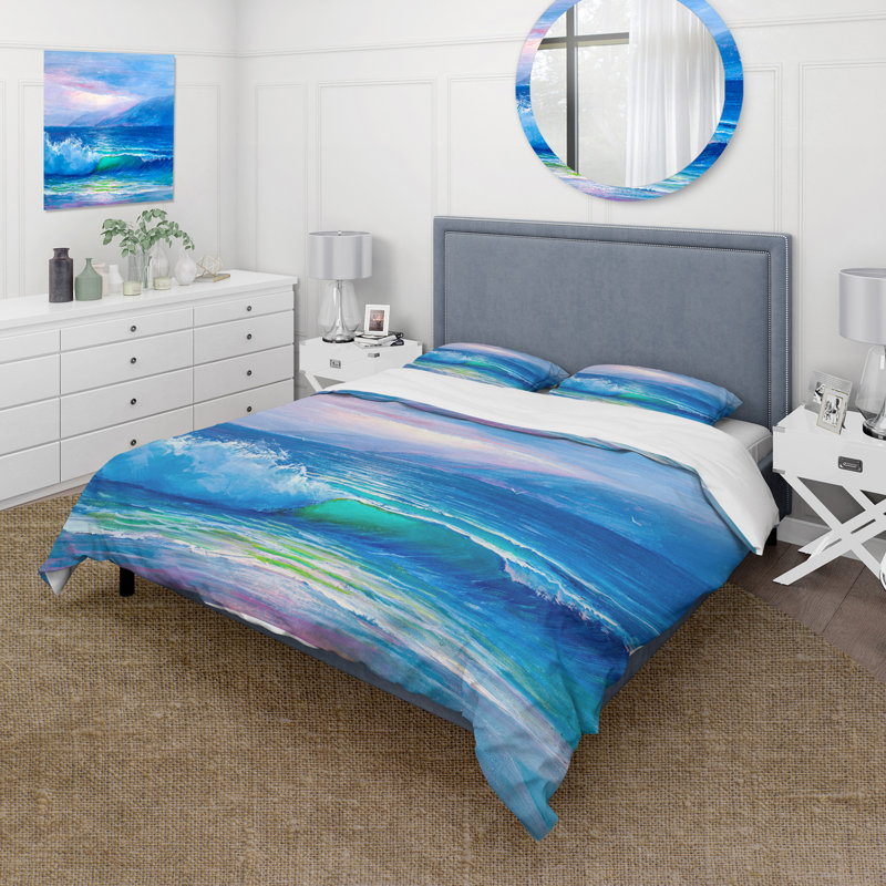 Blue Waves Breaking At The Beach II - Ensemble de housse de couette nautique et côtier - Polyester en microfibre