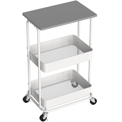 Two-Tier Multifunctional Mobile Cart—Mobile Storage Rack with Wooden Top and Lockable Casters