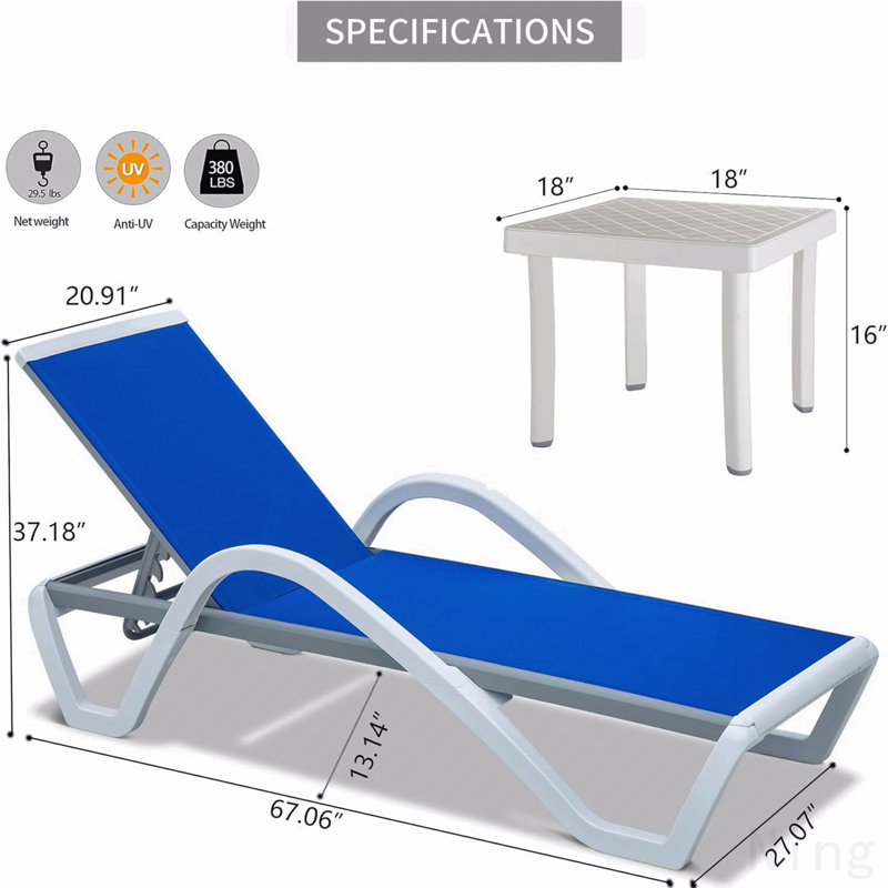 Patio Chaise Lounge Adjustable Aluminum Pool Lounge Chairs With Arm All Weather Pool Chairs For Outside,In-Pool,Lawn (Blue, 1 Lounge Chair+1 Plastic Table)
