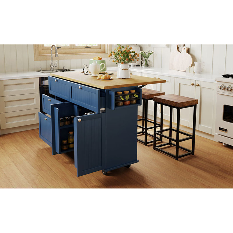 Îlot de cuisine Farmhouse avec abattant et 2 sièges, ensemble de table de cuisine avec armoire de rangement, tiroirs, tablettes de porte et prise de courant, bleu, îlot de cuisine