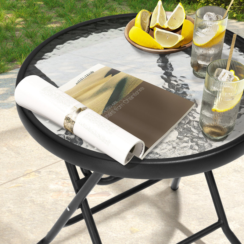 Folded Glass Round Outdoor Side Table, Black, 2