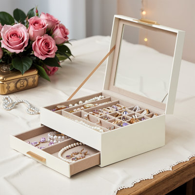Jewellery Box Organizer, 2-Layer Jewellery Storage With 1 Drawer, Shiny Metal Hardware, Glass Lid, Modern, 8 X 9.1 X 4.1 Inches