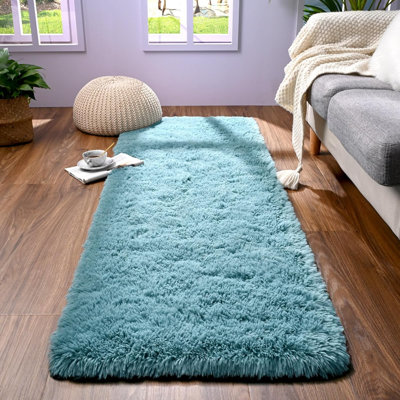 Turquoise Green Runner Rug For Bedroom 2X4 Feet, Fluffy Shag Area Rugs For Living Room Nursery, Fuzzy Furry Bedside Rug For Kids Baby Room, Modern Indoor Comfy Plush Carpet Décor