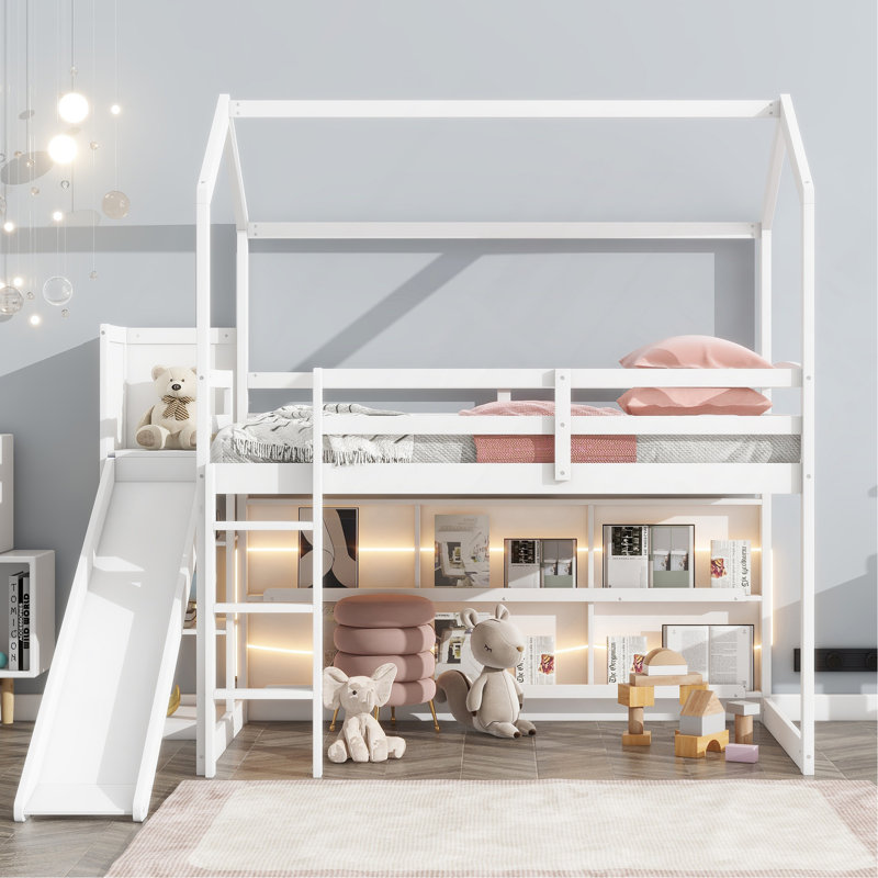 Lit mezzanine simple en bois avec glissoire, tablettes de rangement et lumière, Blanc