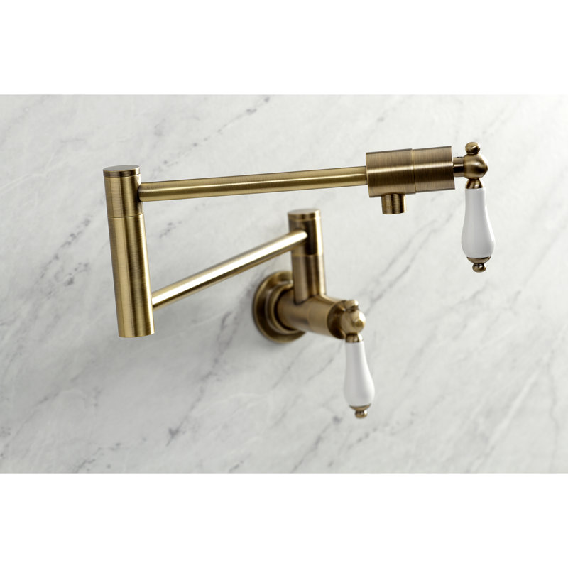 Kingston Brass Duchess Two-Handle 1-Hole Wall Mount Pot Filler Faucet, Antique Brass/White