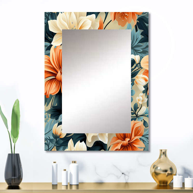 Warm Terracotta And Blue Floral Botanical Pattern - Floral Wall Mirror, Cottage Decorative Mirror, Printed Metal Art