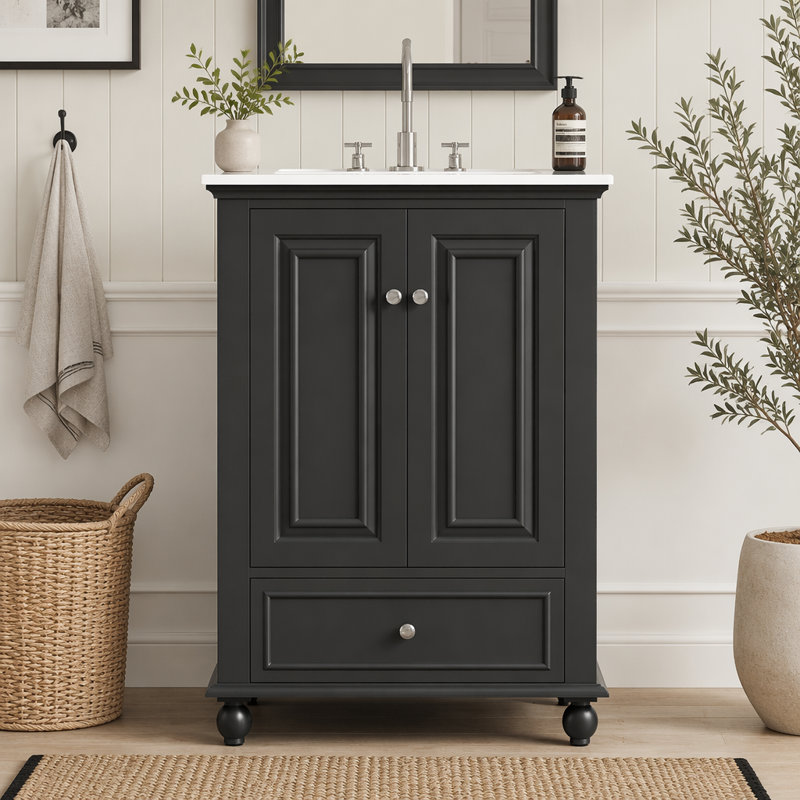  Meuble-lavabo rétro français sculpté avec lavabo en céramique brillante, armoire de rangement à fermeture en douceur avec tablette réglable et tiroir divisé, meuble-lavabo à pieds en bois massif