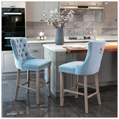 Set Of 2,Nailhead Trim Velvet Barstools With Button Tufted Back