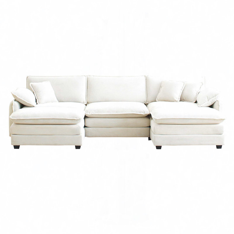 Jeffers Chenille Fabric Upholstered 4-Piece Sectional Sofa, White Chenille, 33.85" H x 114.56" W x 34.25" D