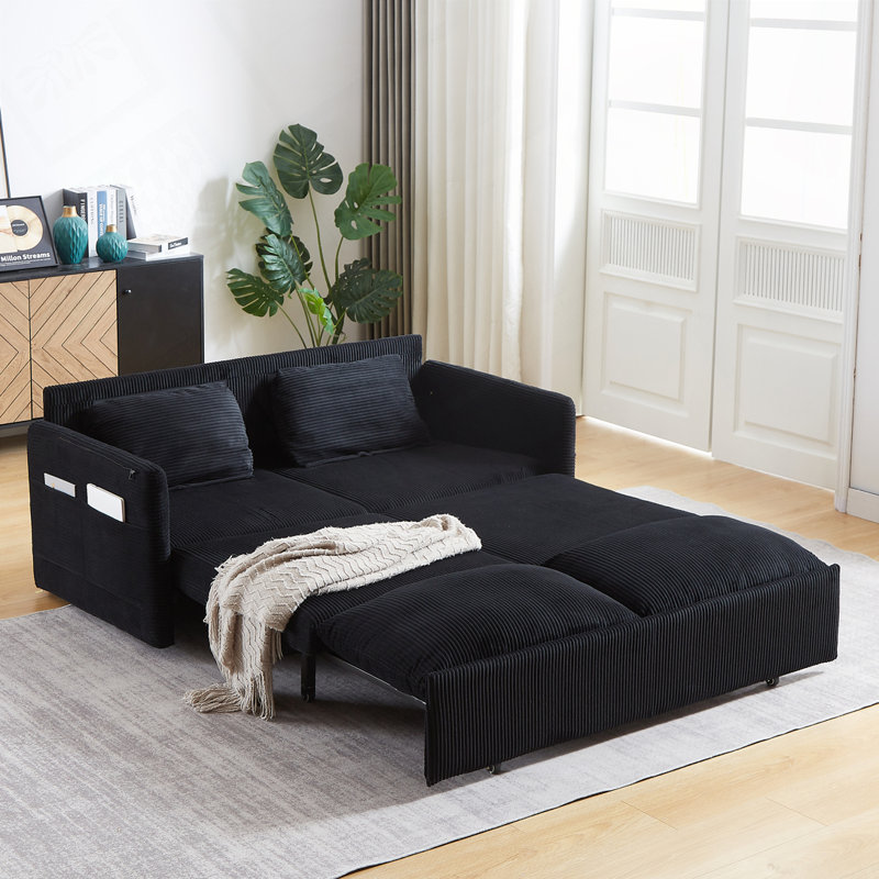 64.5 Inch 3-in-1 Adjustable Sleeper Sofa Bed | Pullout, Soft Corduroy, 2 Pillows & Side Pockets, Black Corduroy