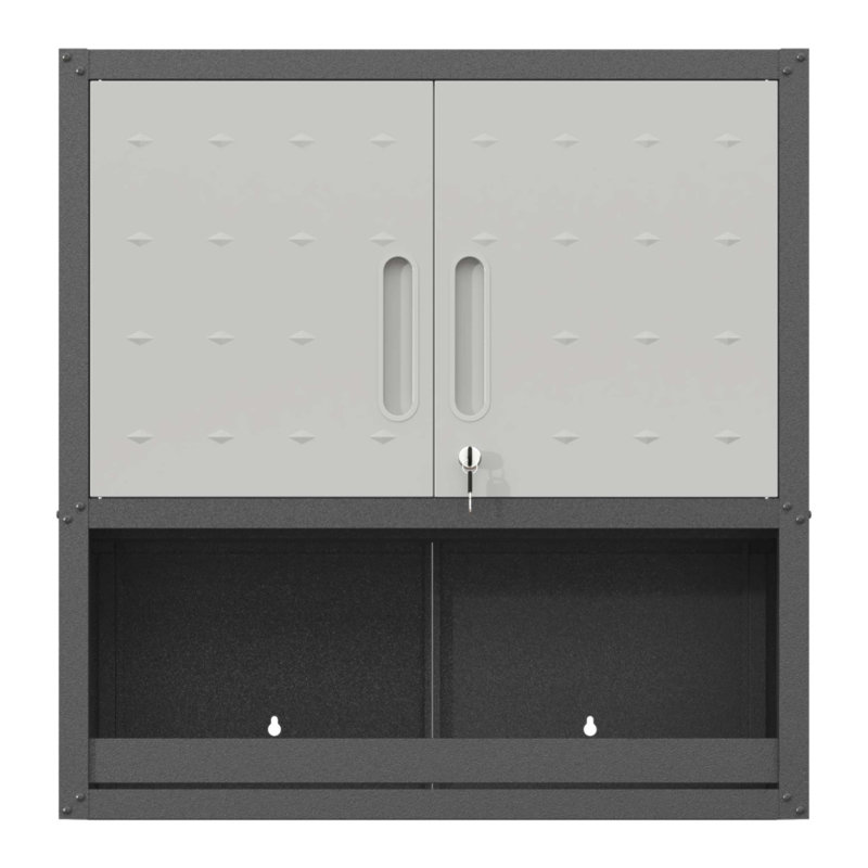 Armoire de rangement murale en métal avec porte verrouillable et 1 tablette 1 tiroir ouvert pour garage, entrepôt, assemblage requis