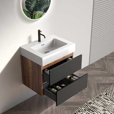 Meuble-lavabo 24 po avec lavabo à quartz et tiroirs souples, meuble-lavabo mural flottant pour salle de bain moderne, lavabo une pièce sans drain ni robinet, KD