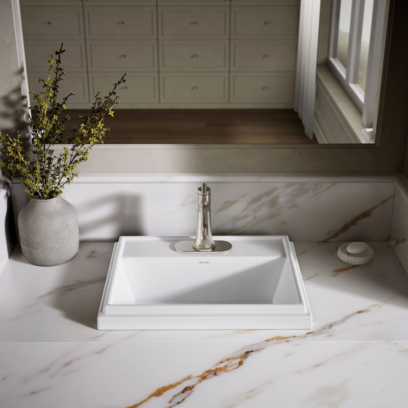 Tresham® Ceramic Rectangular Drop-In Bathroom Sink with Overflow, White, Single