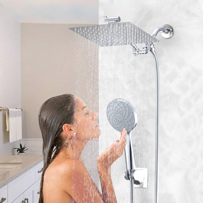 Ensemble de douche 10 po: pluie élevée et douchette avec bras d'extension de 11 po, 6 modes, autonettoyant, acier inoxydable, étanche, collection de têtes carrées murales:, sur le mur, pomme de douche de forme