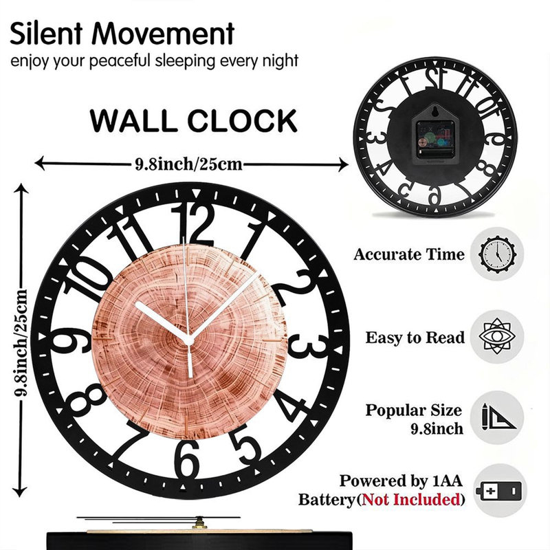 Horloge murale ronde en fer 10 po avec mouvement à quartz silencieux, chiffres arabes, impression UV, Or rose