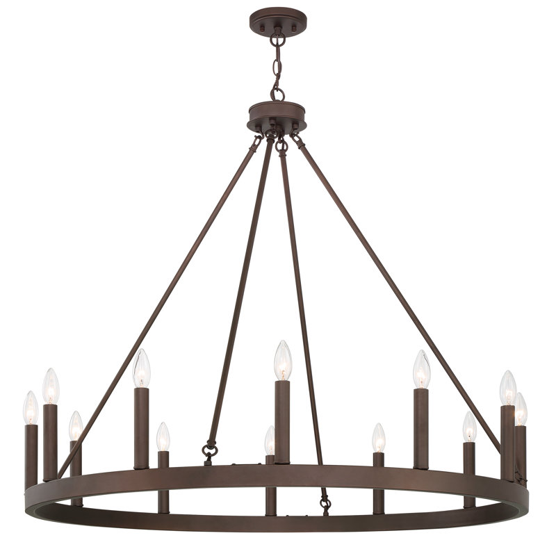 Lustre en roue de chariot à 12 lumières de style bougie Madalyn, Bronze frotté à l'huile
