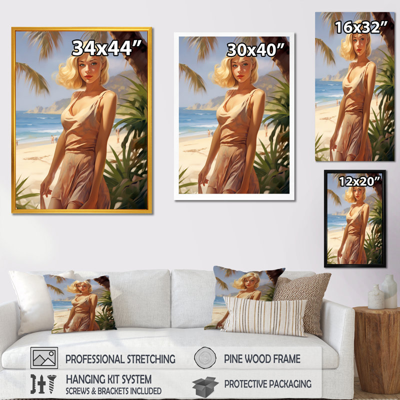 Beauté blonde marchant sur le rivage I, Cadre photo noir, H 32 po x l 24 po x P 1 po