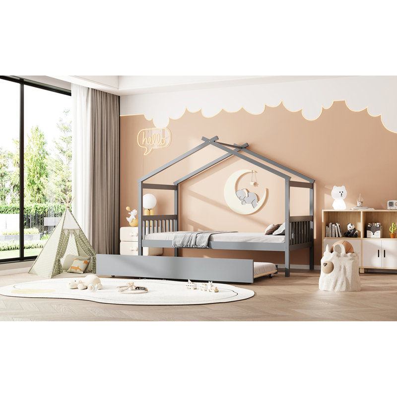 Gray Twin Size Wooden House Bed With Trundle, Whimsical Sky Roof, Strong And , Ideal For Creative High - Quality Solid Pine, 2 Headboards, 41.5" Wide ' Bedroom