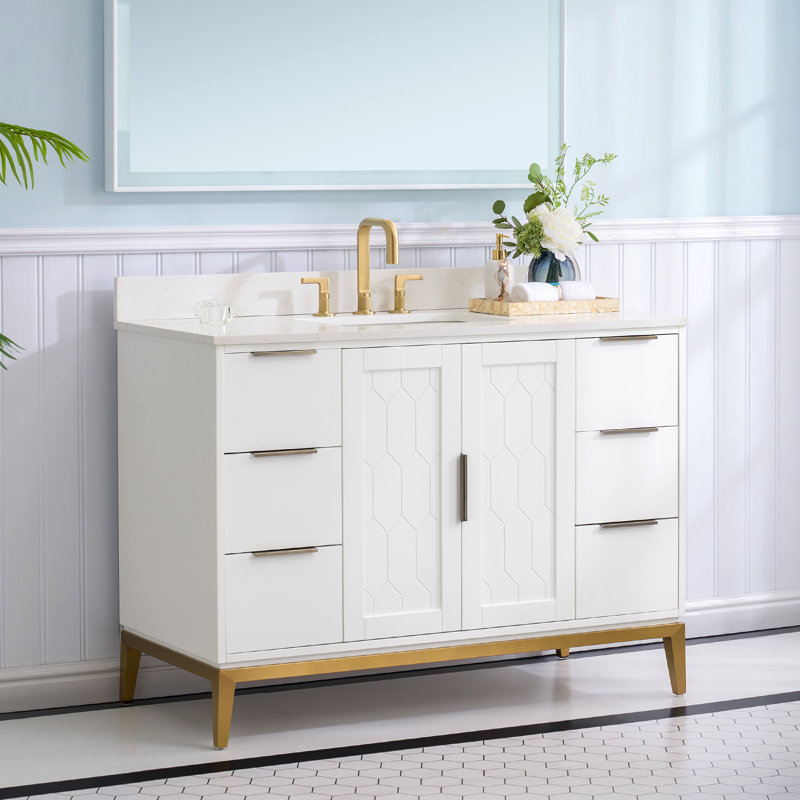 Meuble-lavabo en bois massif H 35 po x l 48 po avec comptoir en quartz blanc Carrera résistant aux taches et lavabo simple