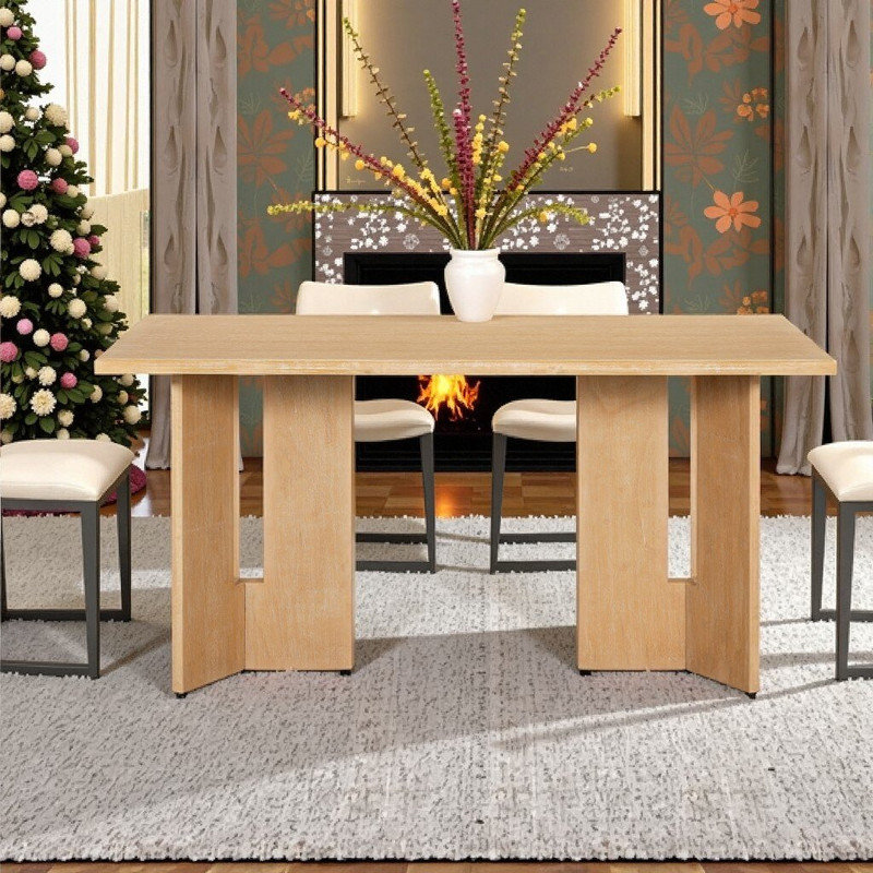 Table de salle à manger rectangulaire avec pieds découpés, placage de chêne et bois LVL, Bois naturel délavé