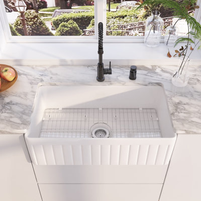 Malibu 33'' W Farmhouse / Apron Single Bowl White Fireclay Kitchen Sink with Accessories -  Eridanus, ERI-FS-115F