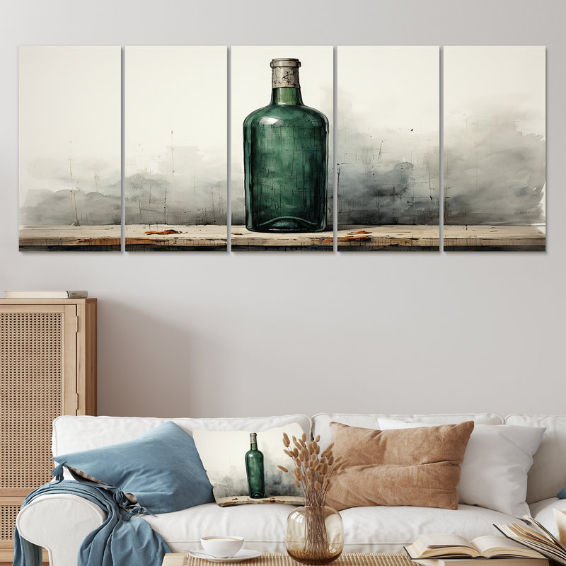 «Green Minimalist Wine Bottles Silhouette III», ensemble d'art mural 5 pièces, H 28 po x l 60 po
