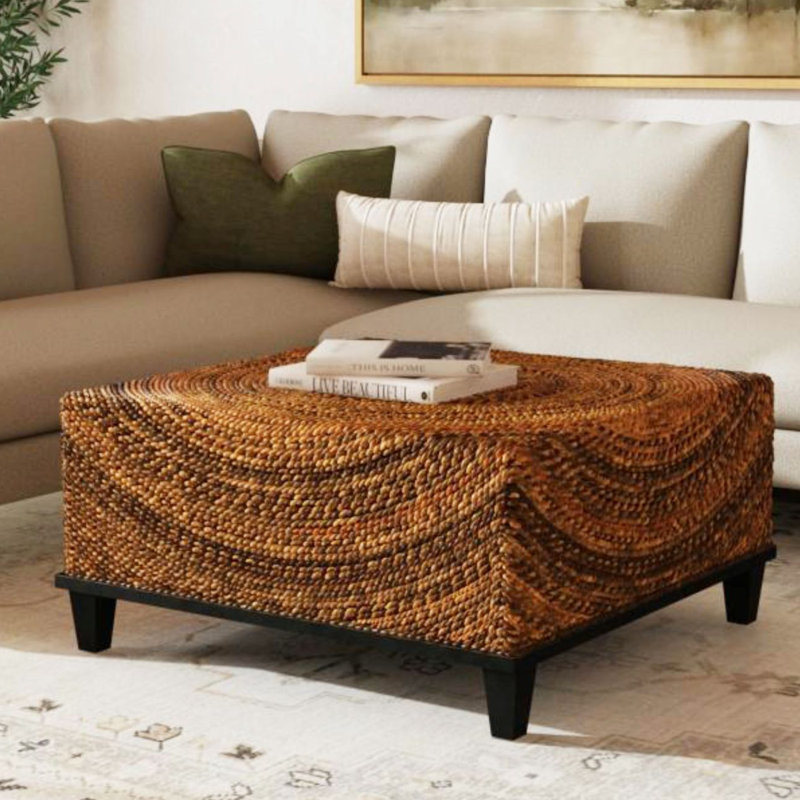 Table basse rectangulaire en bois manufacturé et massif avec rangement et roulettes, Brun