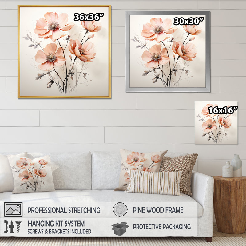 Peach Beige Minimalism Flower - Print on Canvas, Black Single Picture Framed, 16" H x 16" W x 1" D