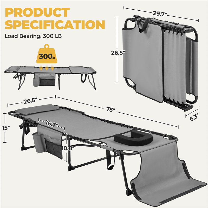 Outdoor Folding Tanning Chair Extended Portable Beach Lounger with Face Hole and Adjustable 5-Position, Gray