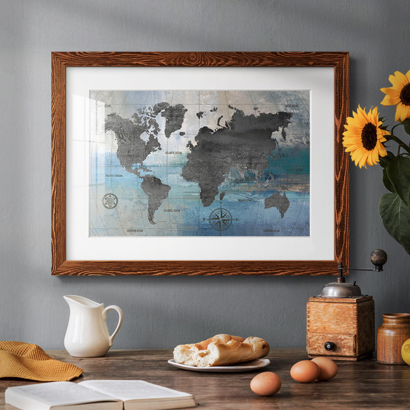 Carte du monde bleue et grise - reproduction encadrée rustique avec tableau mat, Érable, H 22 po x l 32 po x P 1,5 po