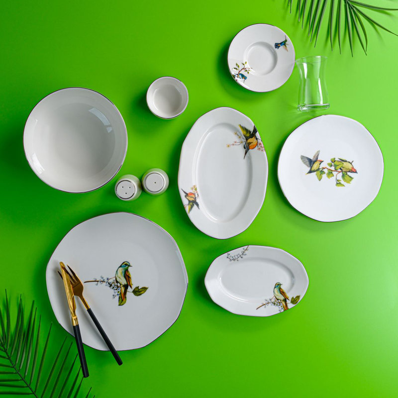 Elegant 32-Piece Breakfast Set, 100% Porcelain | Includes 6 Cake Serving Plates (7.5 in), 2 Medium Platters (10 in), 2 Big Platters (12 in), 6 Tea Cups (3.5 in), 6 Tea Cup Saucers, 6 Bowls (5 in), Perfect for Upscale Dining & Entertaining