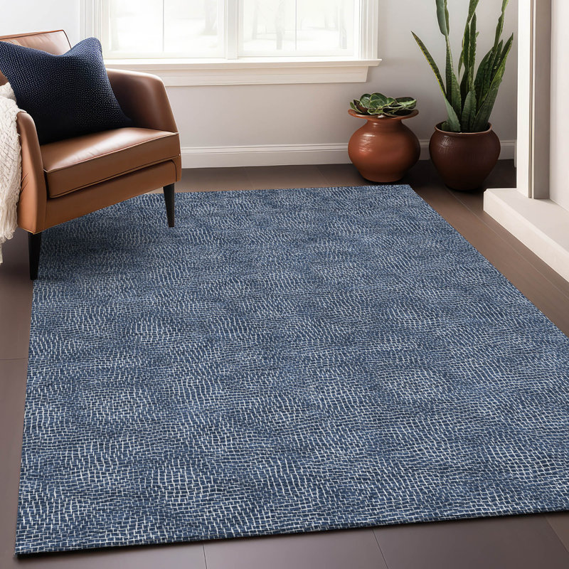 Navy Rectangular Washable Synthetic Indoor/Outdoor Rug