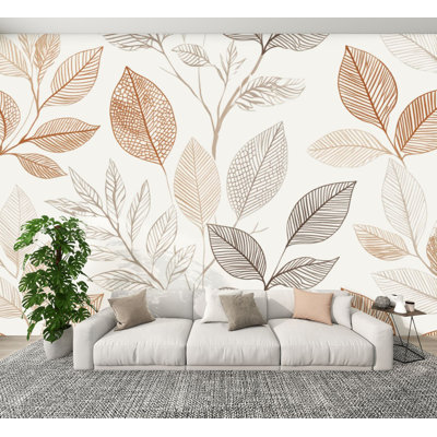 Vintage Wall Mural Hand Drawn Neutral Leaf Beige Brown Tones 100"H x 144"W  Peel and Stick Wallpaper Wall Decor for Bedroom Living Room Home Office