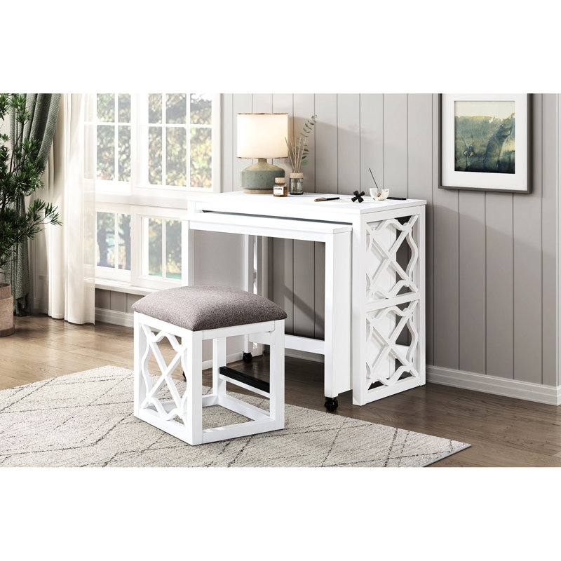 White 3pc Desk And Stool Combination, With Rolling 2 Chargers For Home Ensemble Office,, White