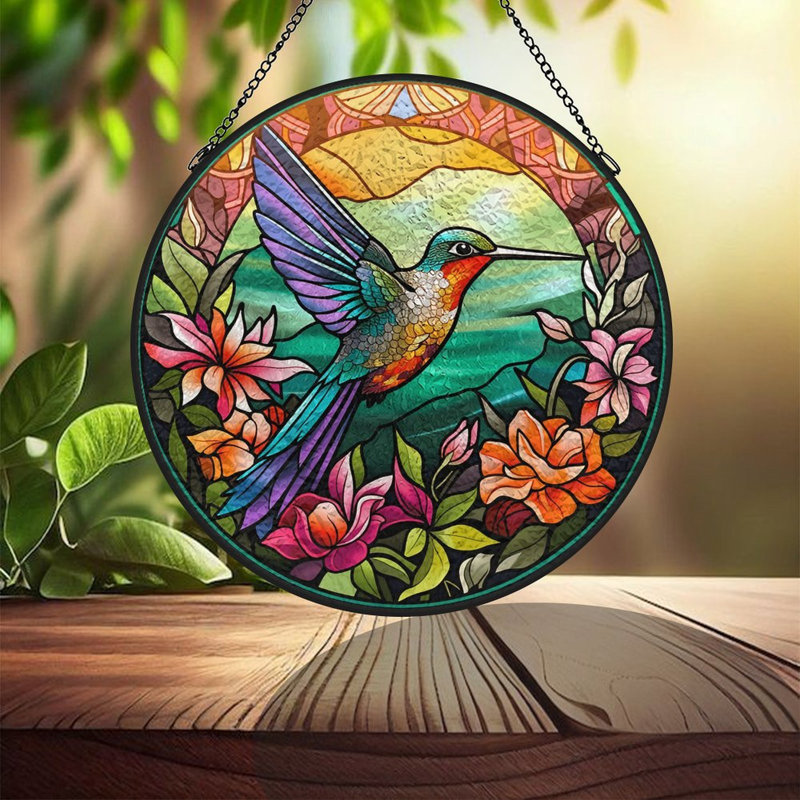 Colibri fleurs vitrail panneaux vitrail Suncatcher pour décoration de fenêtre, 6,3 x 6,3 po (16 x 16 cm)