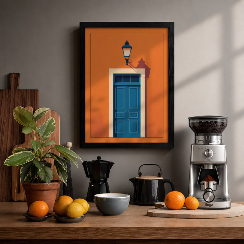Blue Door, Orange Wall Minimalist - Framed Print, A4 - 29.7 x 21.0 cm, White