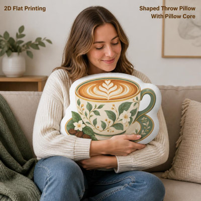 Botanical Latte with Leaf Pattern Coffee Lovers Gift 2D Flat Printing Shaped Stuffed Throw Pillow Decorative Cushion for Bedroom Sofa Kitchen Coffee Bar And Home Decor, 9.8in